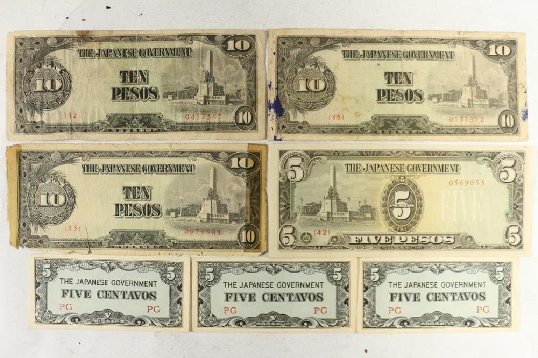 WWII JAPANESE GOVERNMENT INVASION CURRENCY: 3-FIVE CENTAVOS, 5 PESOS AND 3-TEN PESOS