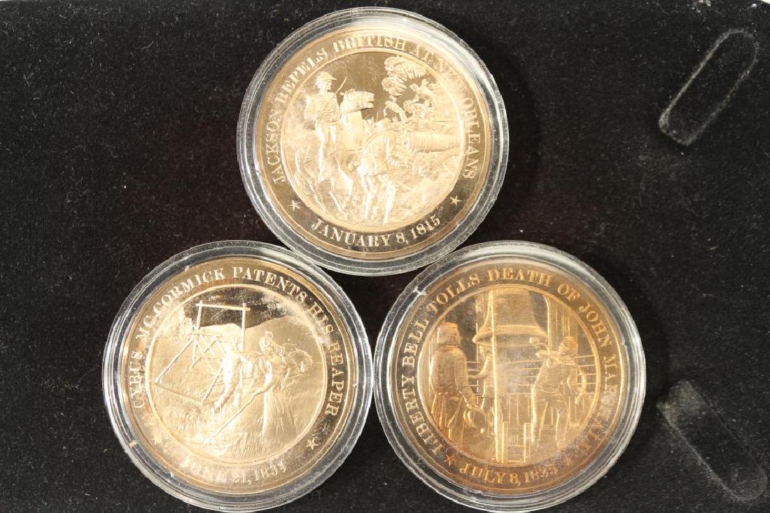 3- 1 3/4" SOLID BRONZE PROOF MEDALS BY THE: FRANKLIN MINT. 1815 JACKSON REPELS BRITISH AT NEW ORLEANS, 1834 CYRUS MCCORMICK PATENTS HIS REAPER AND 1835 LIBERTY BELL TOLLS DEATH OF JOHN MARSHALL
