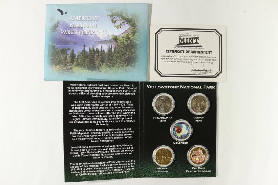2010 YELLOWSTONE NATIONAL PARK QUARTERS SET: P & D, COLORIZED, 24KT GOLD PLATED AND 24KT GOLD PLATED HOLOGRAM