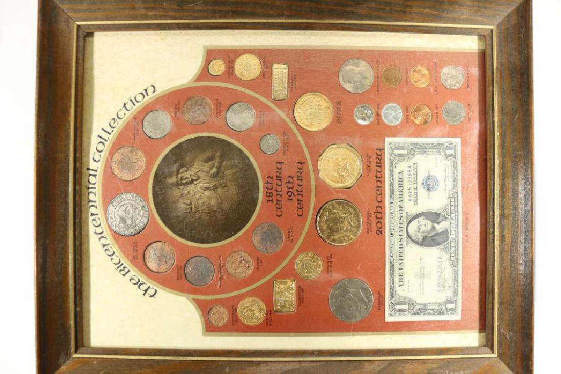 13''X16'' FRAMED BICENTENNIAL COLLECTION. CONTAIN:: 18TH AND 19TH CENTURY REAL AND REPRODUCTION COINS.