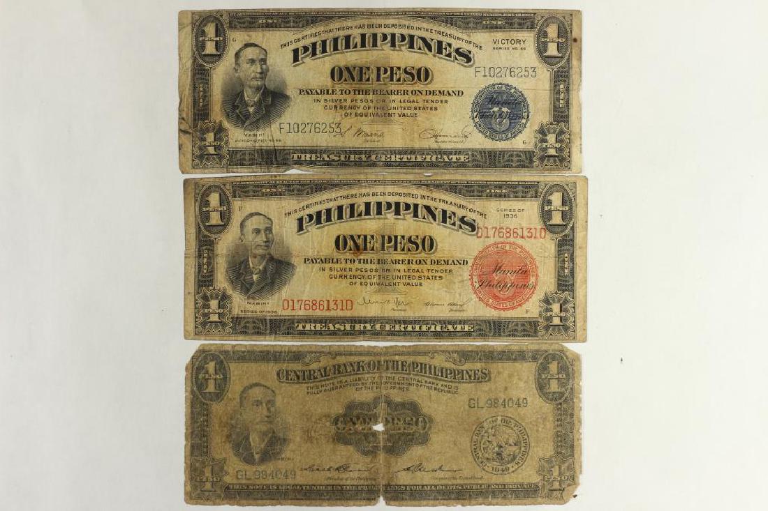 3 ASSORTED PHILIPPINES 1 PESOS, SERIES 1936,: SERIES 1949 AND A VICTORY SERIES #66