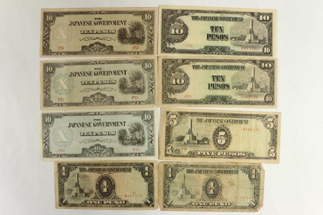 8 PIECES OF WWII JAPANESE INVASION CURRENCY: 2-1 PESO, 5 PESO AND 5-10 PESOS