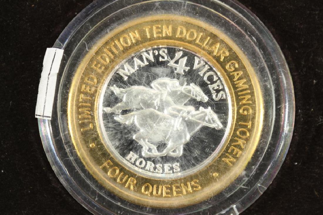 CASINO $10 SILVER TOKEN (UNC) FOUR QUEENS: LAS VEGAS, NEVADA. MANS 4 VICES "HORSES"