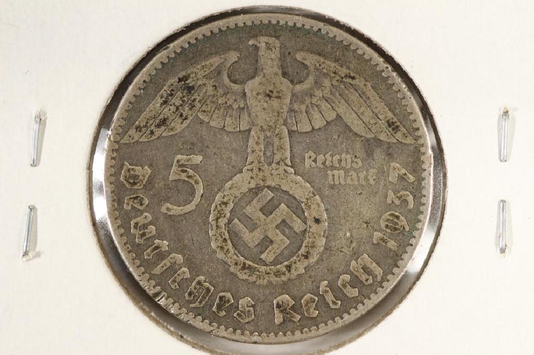 1934-J GERMAN SILVER 5 MARKS WITH SWASTIKA: SEE TITLE.