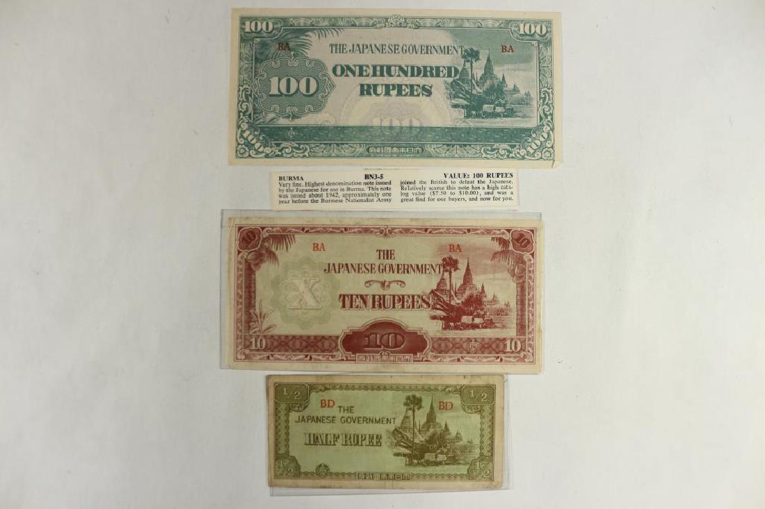 3 PIECES OF JAPANESE / BURMA WWII INVASION: CURRENCY 1/2 RUPEE, 10 RUPEE AND 100 RUPEES