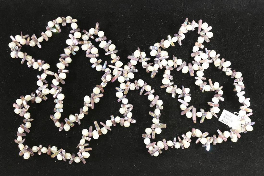 FRESH WATER PEARL NECKLACE, 5-8MM PEARLS 56": LONG, WHITE AND PURPLE IN COLOR, RETAILS FOR $120.00