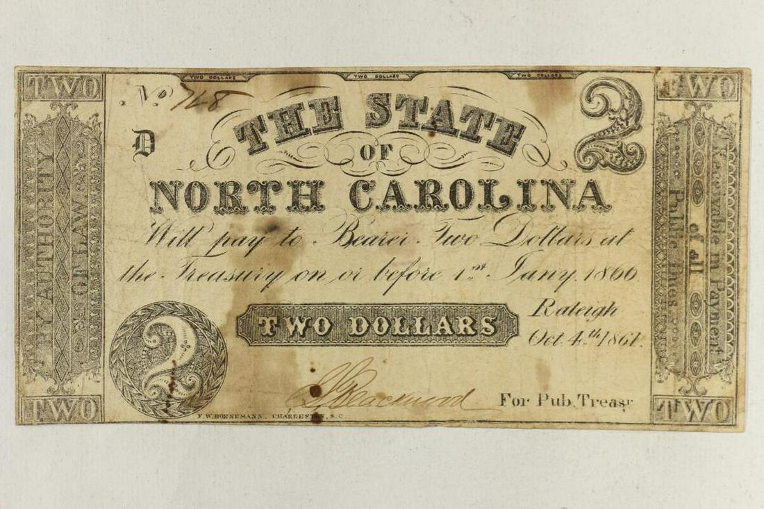 1861 STATE OF NORTH CAROLINA $2 OBSOLETE BANK NOTE (1 of 2)