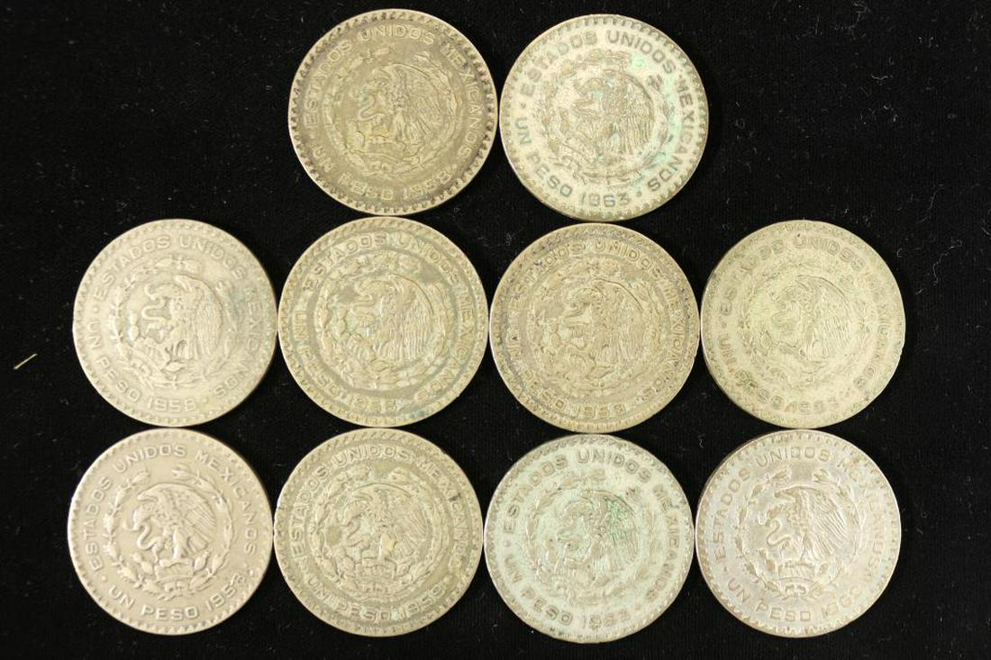 10 ASSORTED 1958-1963 MEXICO .100 SILVER PESOS (1 of 2)