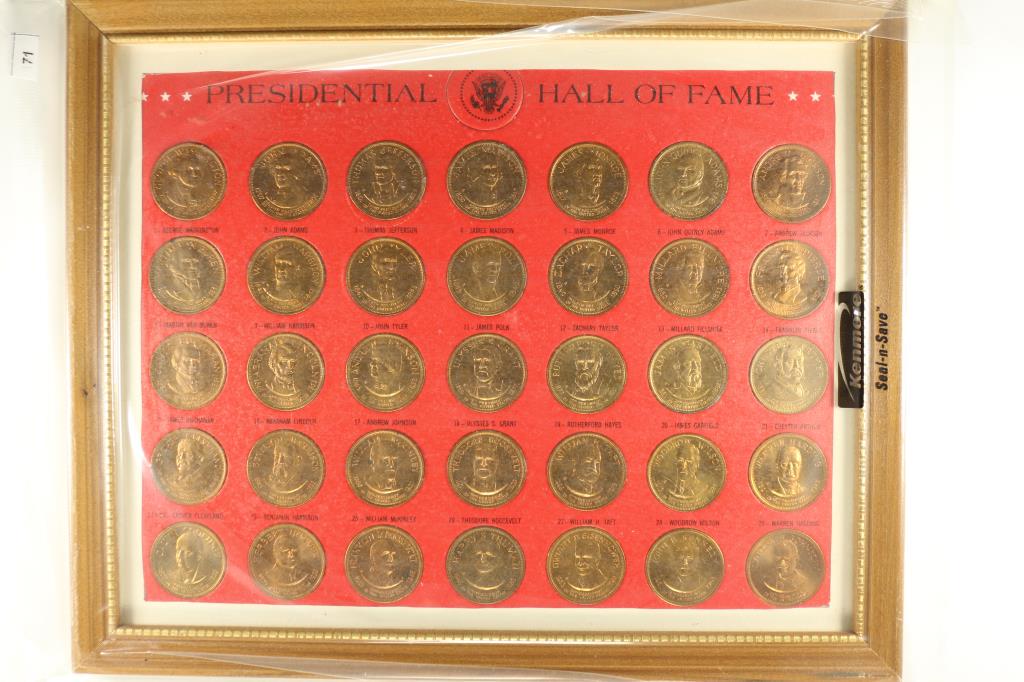 9" X 11'' FRAMED PRESIDENTIAL HALL OF FAME SET: 35-BRONZE MEDALS FROM GEORGE WASHINGTON- WARREN HARDING