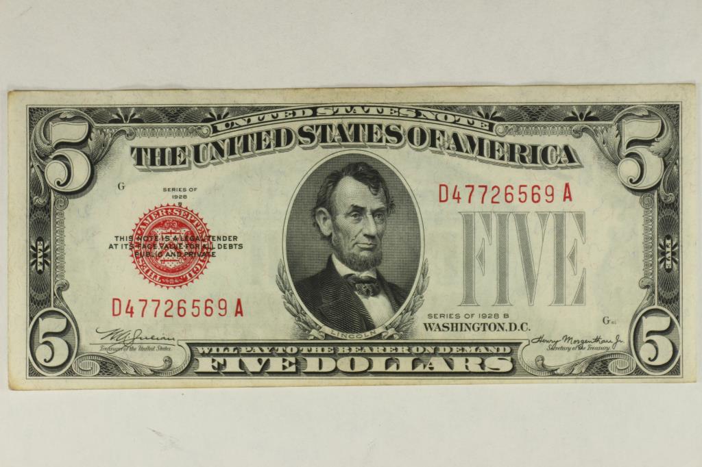 1928-B $5 US NOTE JULIAN / MORGENTHAU CRISP UNC (1 of 2)
