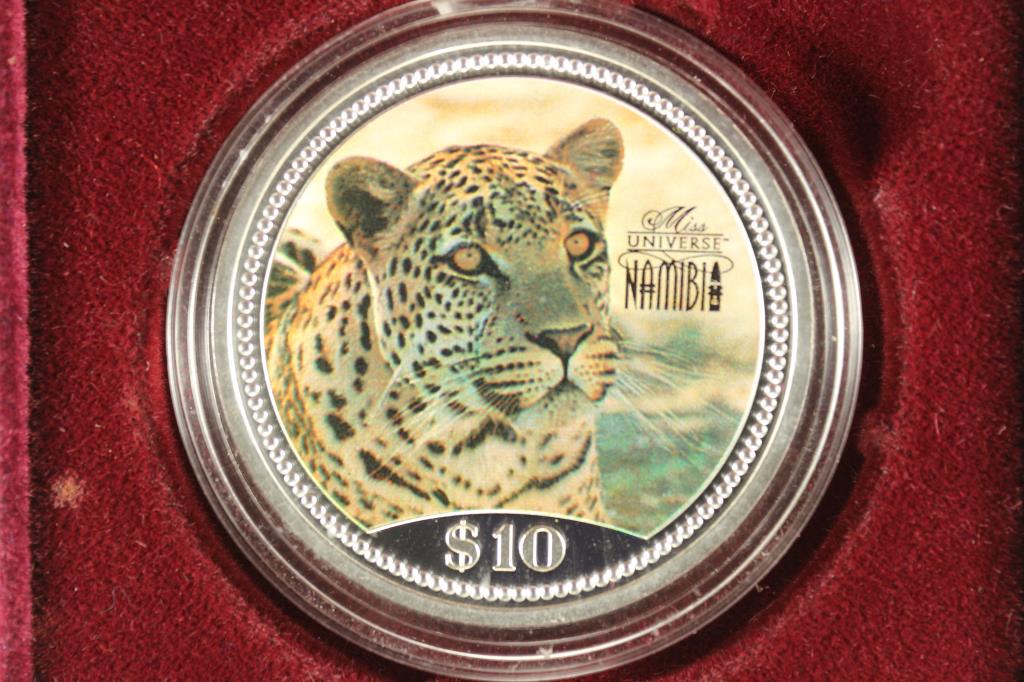 1995 REPUBLIC OF NAMIBIA $10 COLORIZED SILVER PF: MULTI COLORED LEOPARD "MISS UNIVERSE"