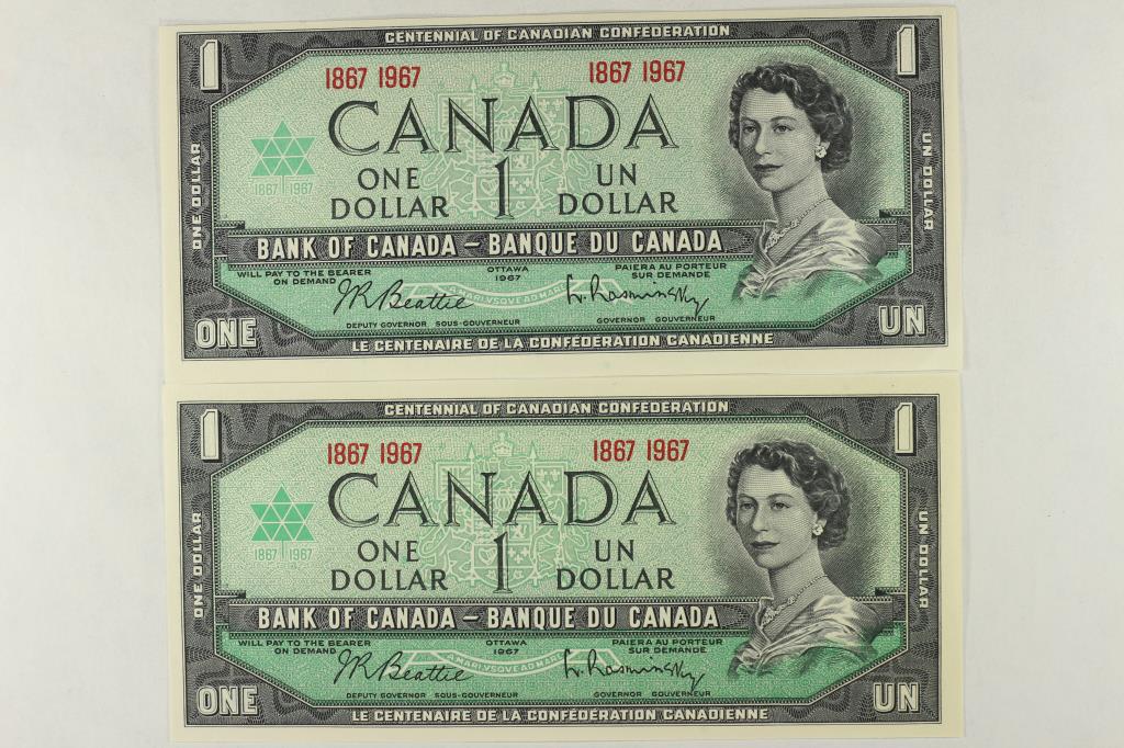 2-1967 CANADA $1 BILLS CRISP UNC (1 of 2)