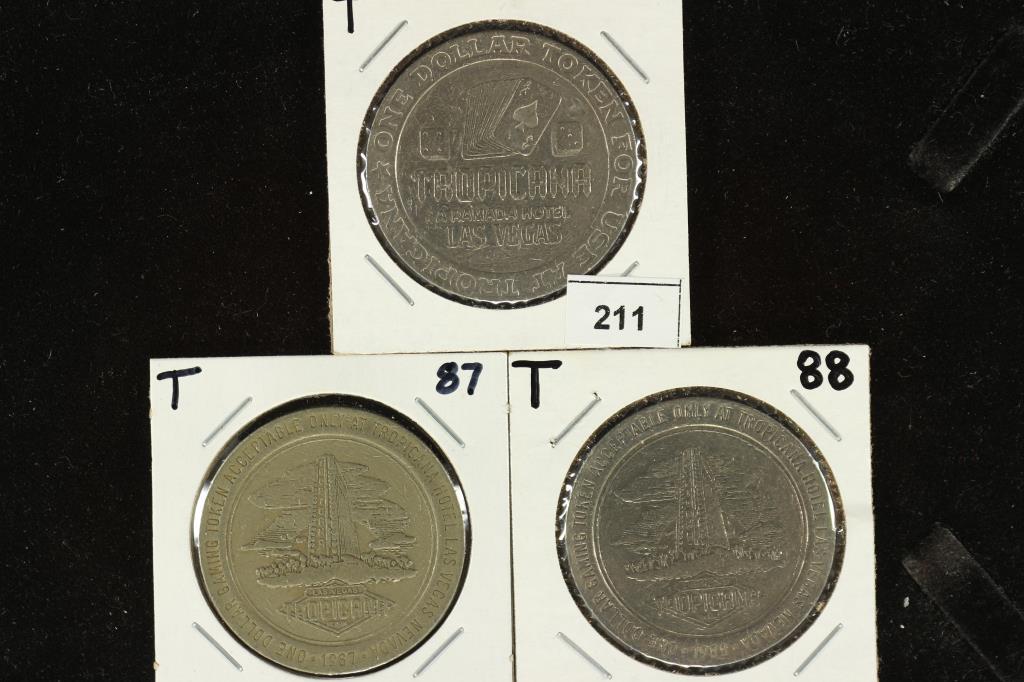 3 ASSORTED $1 GAMING TOKENS TROPICANA, 1987 (1 of 2)