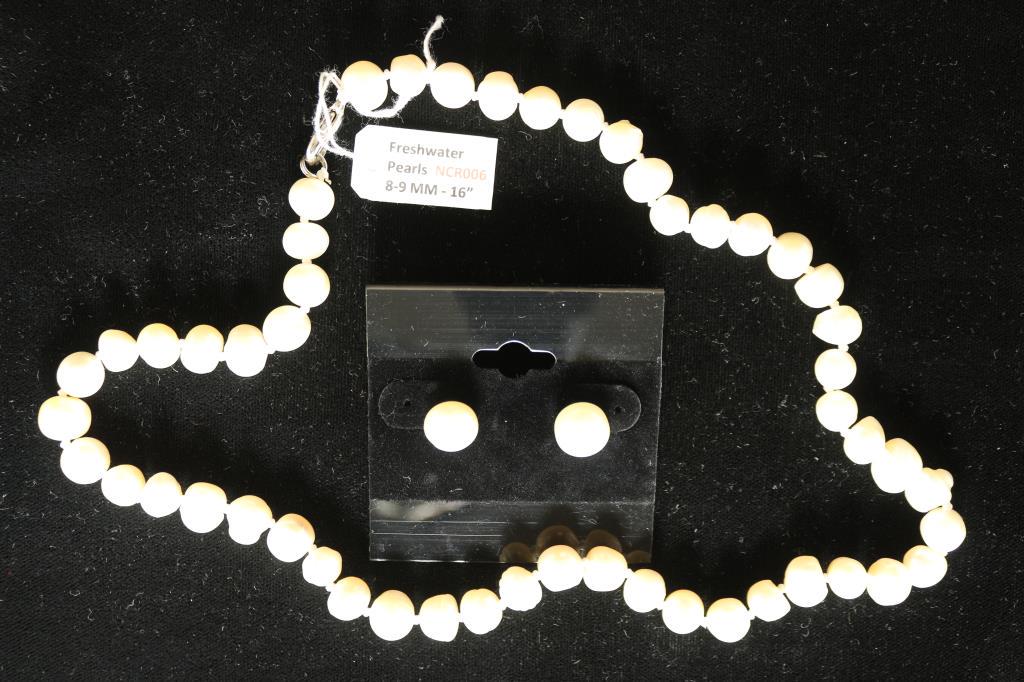 FRESH WATER PEARL NECKLACE & EARRING SET: NECKLACE IS 16" (8-9 MM) AND THE POST EARRINGS ARE (9-10 MM). RETAILS FOR $130.00 (WHITE IN COLOR)