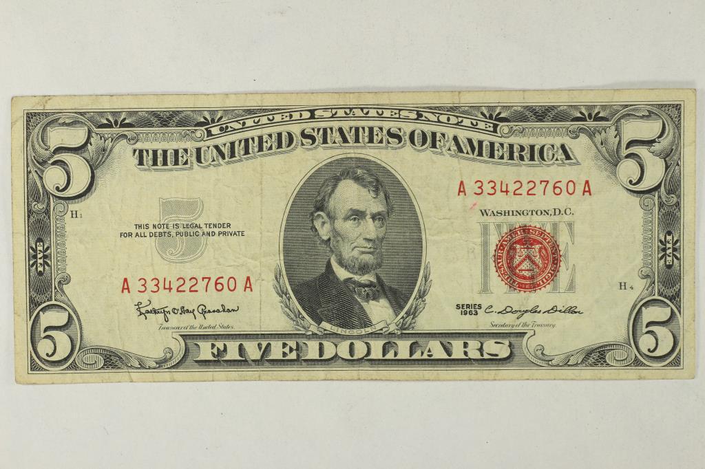 1963 $5 US NOTE RED SEAL (1 of 2)