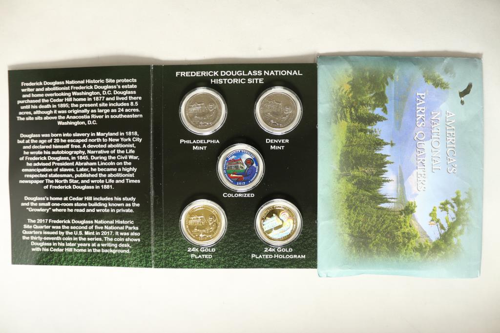 2017 FREDERICK DOUGLAS NATIONAL PARK QUARTER: SET OF 5. P & D MINT, COLORIZED, 24KT GOLD PLATED AND 24KT GOLD PLATED HOLOGRAM