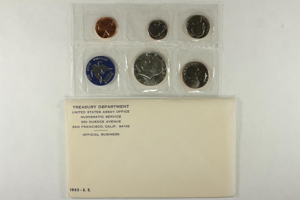 1965 US SPECIAL MINT SET WITH ENVELOPE: 40% SILVER JOHN F. KENNEDY HALF DOLLAR