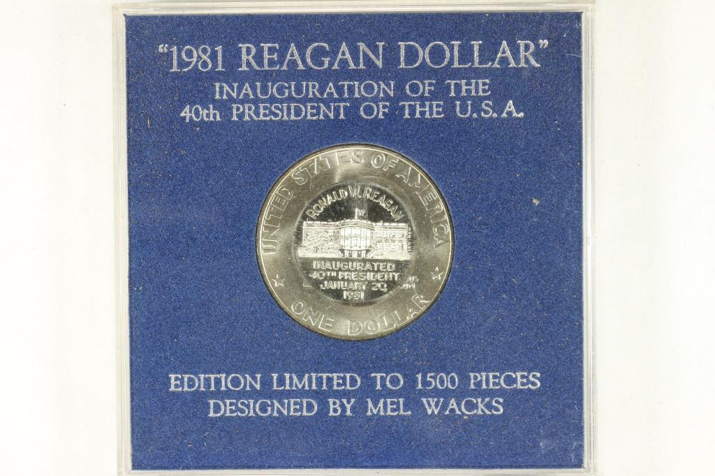 1981 REAGAN DOLLAR INAUGURATION OF THE 40TH: PRESIDENT OF THE UNITED STATES, EDTION LIMITED TO 1500 PIECES DESIGNED BY MEL WACKS