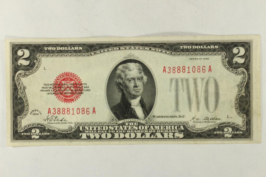 1928 $2 US NOTE RED SEAL CRISP WITH FOLDS (1 of 2)