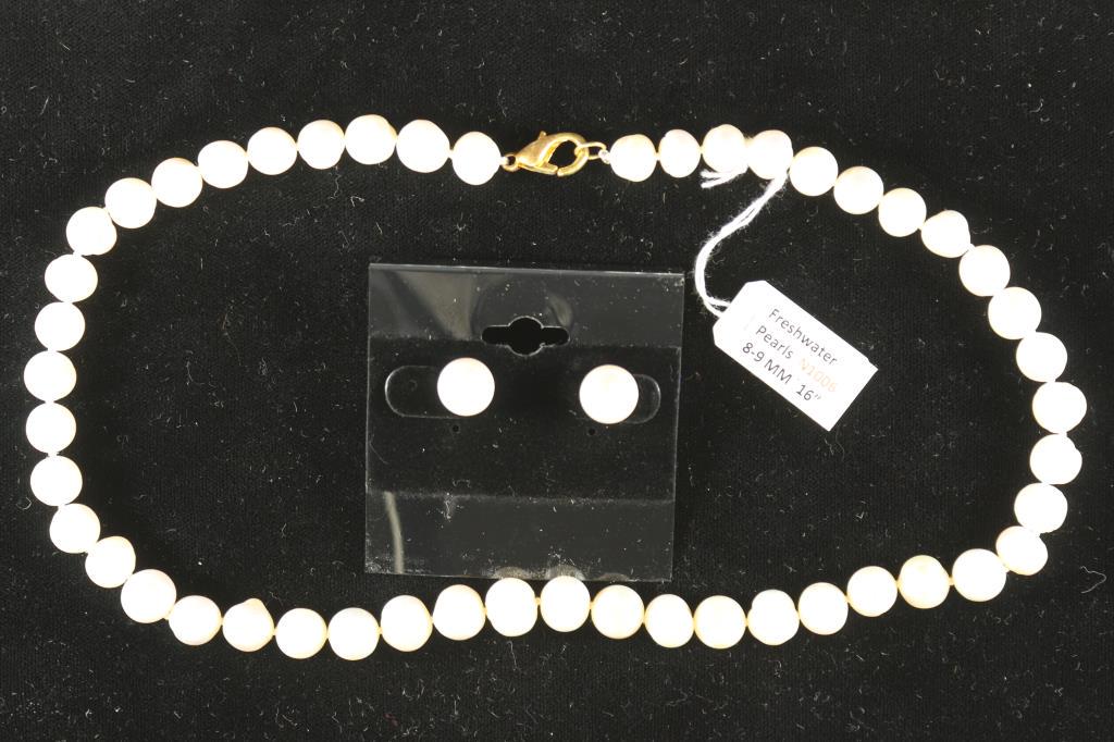 FRESH WATER PEARL NECKLACE & EARRING SET: NECKLACE IS 16'' (8-9MM) PEARLS AND POST EARRINGS ARE (9-10MM) PEARLS, WHITE IN COLOR FOR BOTH PIECES WITH A RETAIL OF $130.00