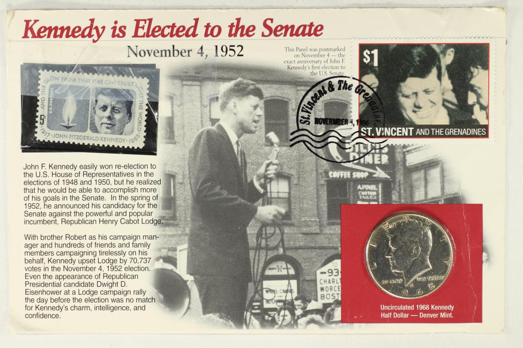 KENNEDY IS ELECTED TO THE SENATE COIN & STAMP SET: CONTAINS: 1968-D 40% SILVER JOHN F. KENNEDY HALF UNC