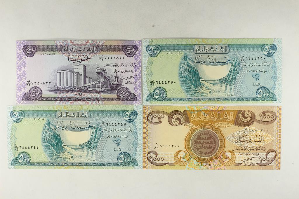 IRAQ 50, 2-500 AND 1000 DINARS CRISP UNC: PLEASE WATCH FOR OUR NEXT AUCTION ON JULY 6TH, 2020 AT 7 PM EDT