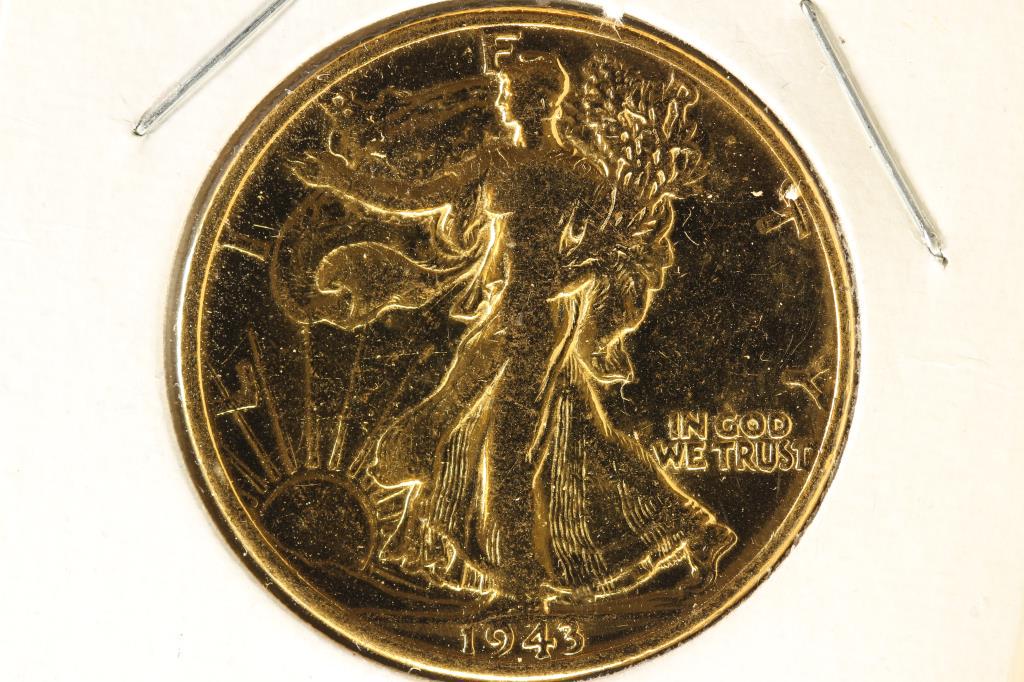 1943 GOLD PLATED WALKING LIBERTY HALF DOLLAR: WATCH FOR OUR NEXT AUCTION ON MONDAY JULY 13TH, 2020.