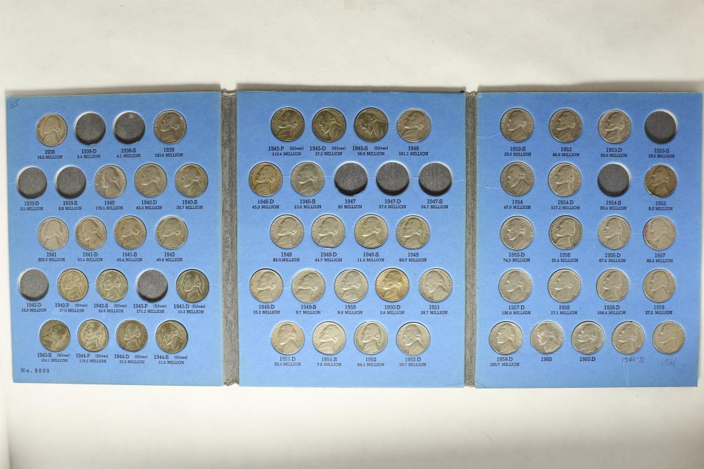 PARTIAL 1938-UP JEFFERSON NICKEL ALBUM: CONTAINS: 54 NICKELS, 10 35% SILVER JEFFERSON WAR NICKELS AND A NICE 1950-D KEY DATE, IN WHITMAN ALBUM