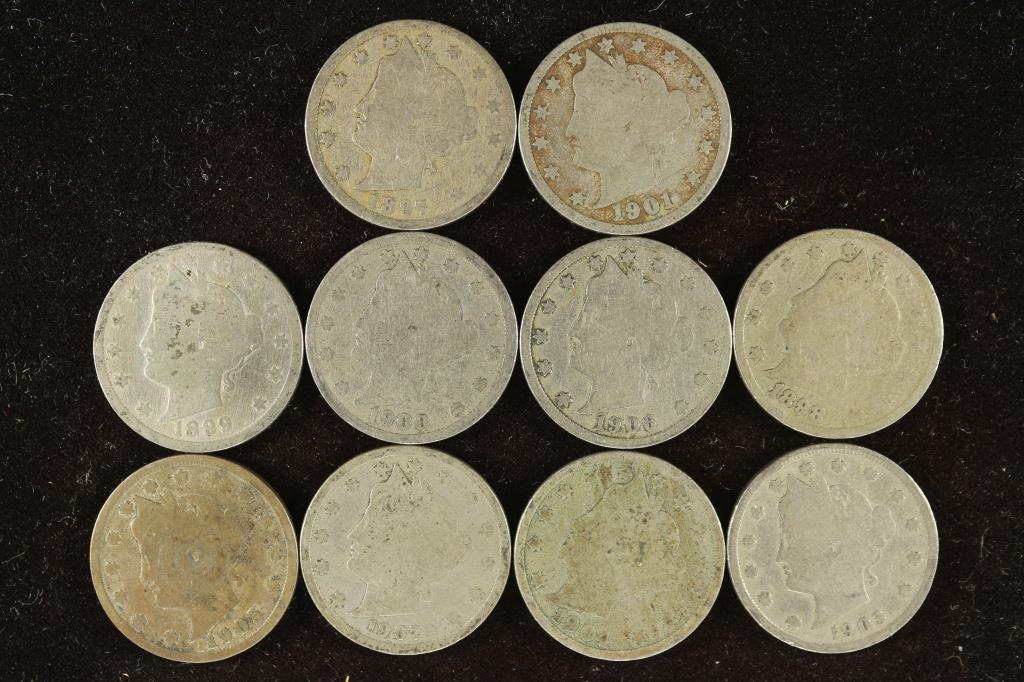 10 ASSORTED 1897-1907 LIBERTY "V" NICKELS (1 of 2)