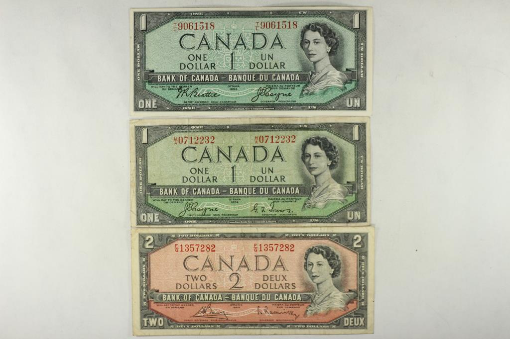 CANADA 2-1954 ONE DOLLAR & 1954 TWO DOLLAR BILLS (1 of 2)