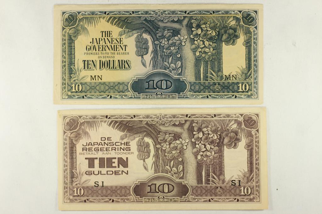 2-JAPANESE WWII INVASION CURRENCY 10 DOLLARS AND: 10 GULDEN