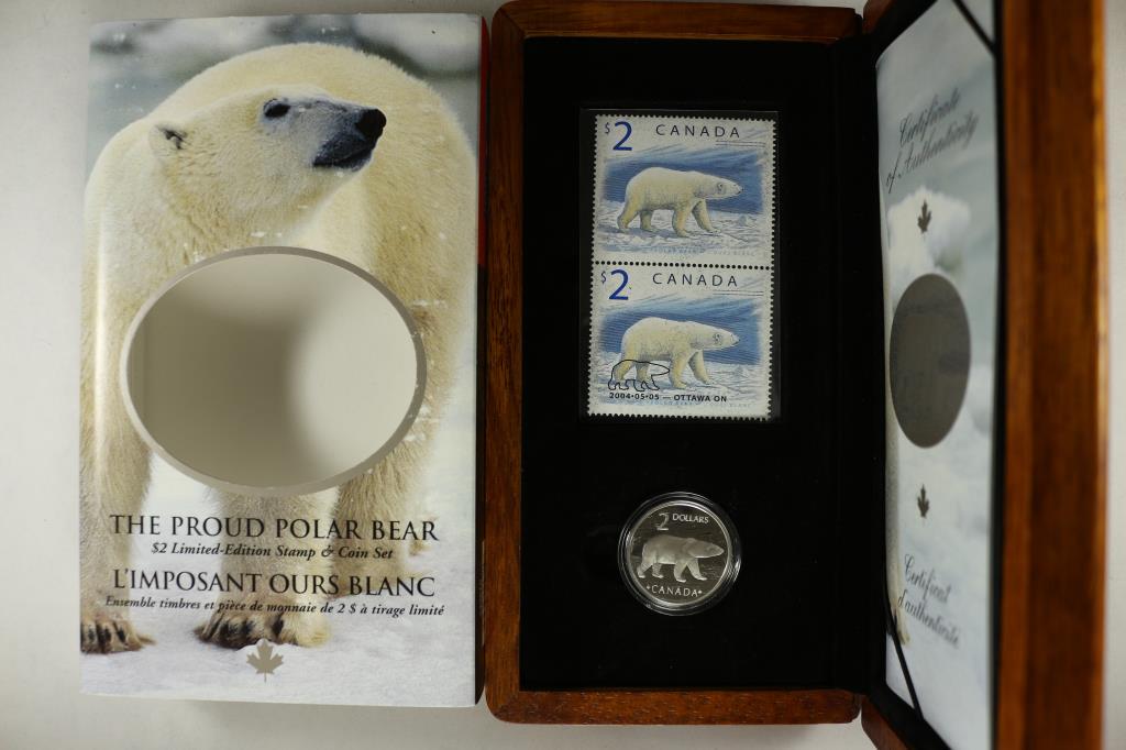 2004 CANADA THE PROUD POLAR BEAR $2 LIMITED: EDTION STAMP AND COIN SET, ORIGINAL ROYAL CANADIAN MINT PACKAGING, IN NICE WOODEN CASE