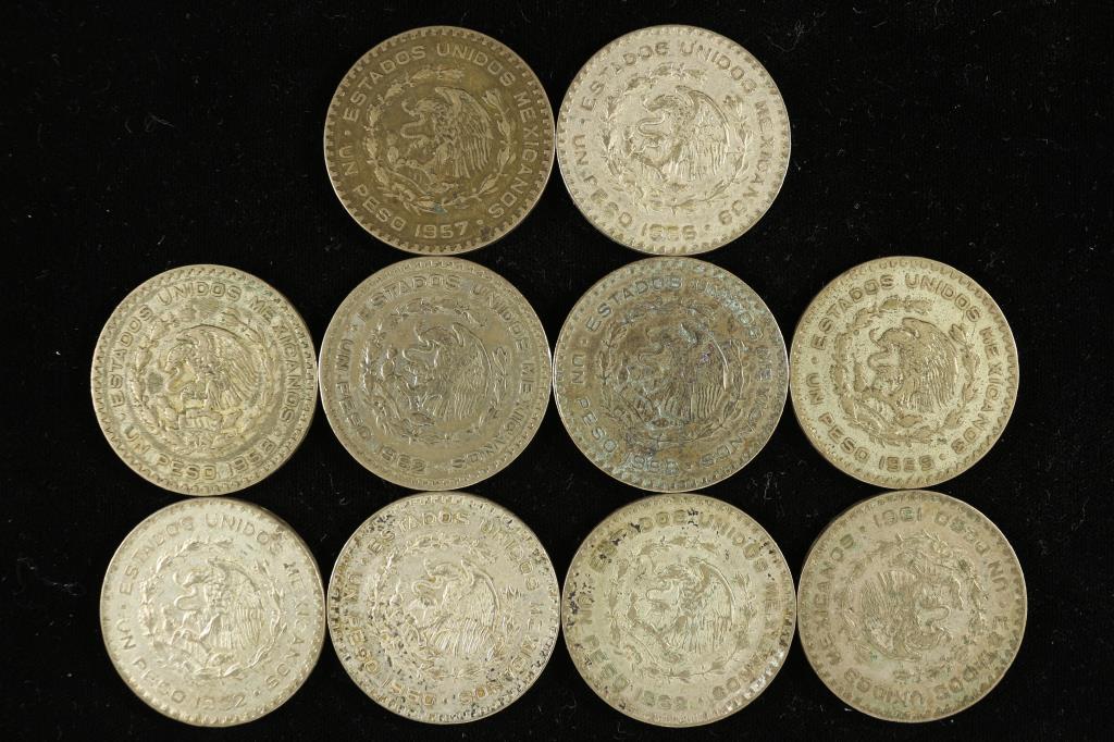 10 ASSORTED 1957-1966 MEXICO .100 SILVER PESOS (1 of 2)