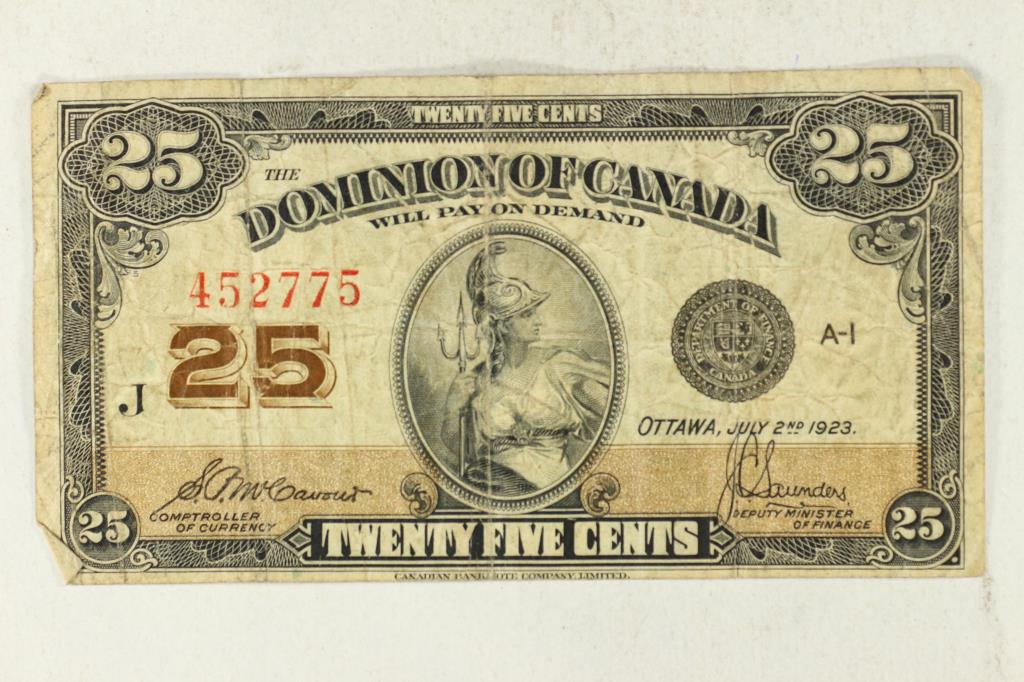 1923 DOMINION OF CANADA 25 CENT FRACTIONAL NOTE: PLEASE WATCH FOR OUR NEXT AUCTION ON MONDAY AUGUST 24TH, 2020.