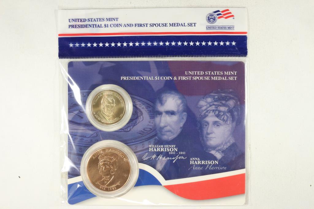 UNITED STATES MINT PRESIDENTIAL DOLLAR COIN &: 1ST SPOUSE MEDAL SET, WILLIAM & ANNA HARRISON, ORIGINAL US MINT PACKAGING