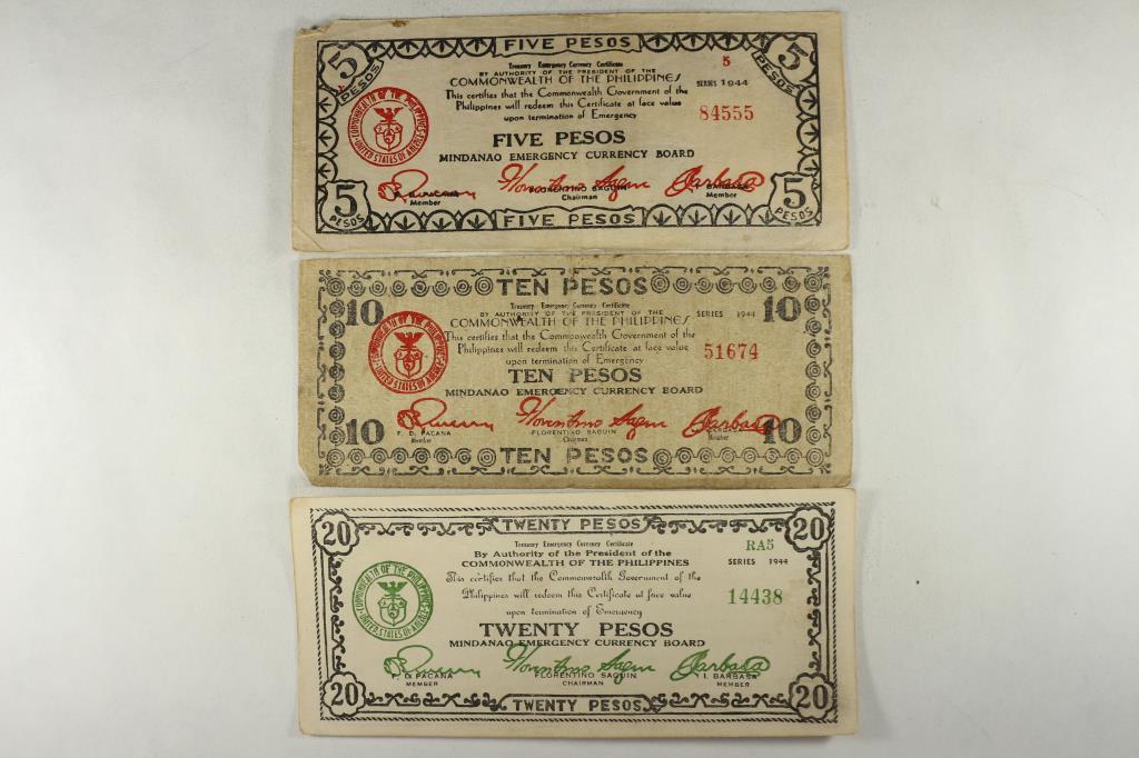 3 PIECES OF 1944 PHILIPPINES EMERGENCY CURRENCY (1 of 2)