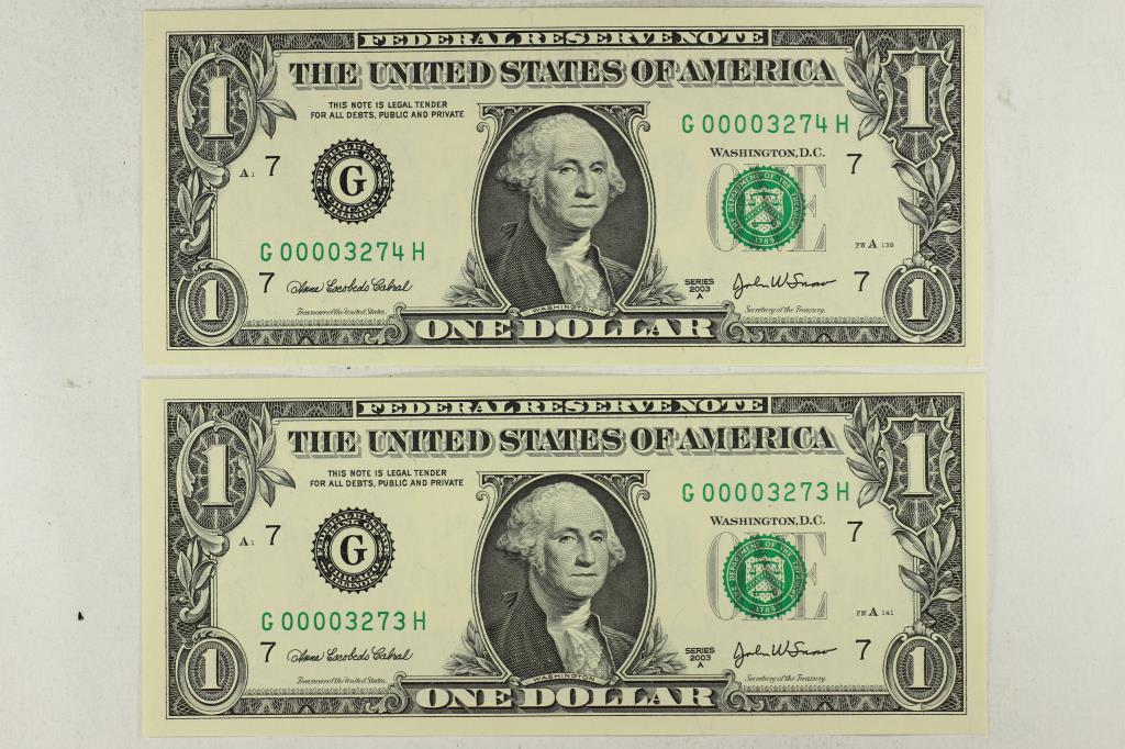 2-2003-A $1 FRN'S LOW CONSECUTIVE SERIAL 'S UNC: SERIAL NUMBERS ARE:G00003273H-G00003274H