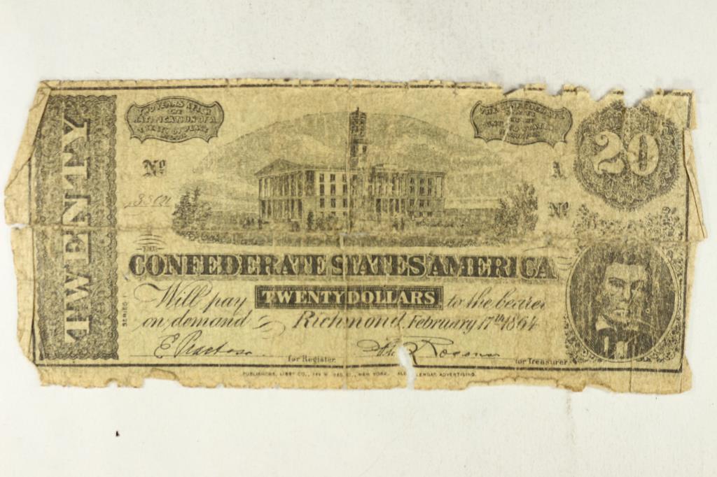 1864 CONFEDERATE STATES OF AMERICA $20: PLEASE WATCH FOR OUR NEXT AUCTION ON MONDAY AUGUST 31ST, 2020.
