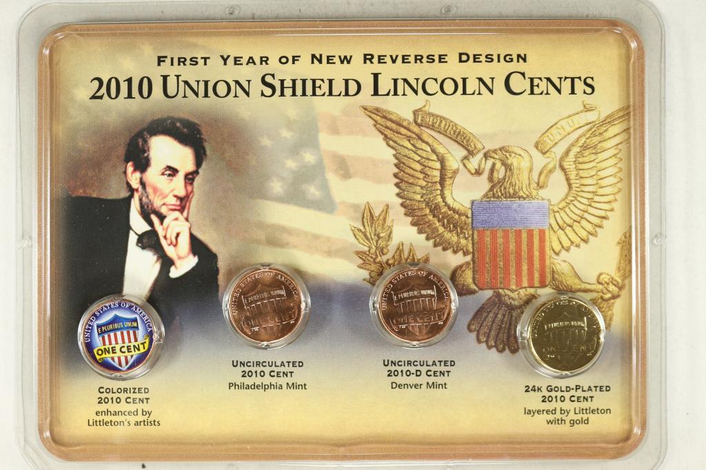 2010 UNION SHIELD LINCOLN CENTS SET UNC P & D, A: GOLD PLATED AND A COLORIZED