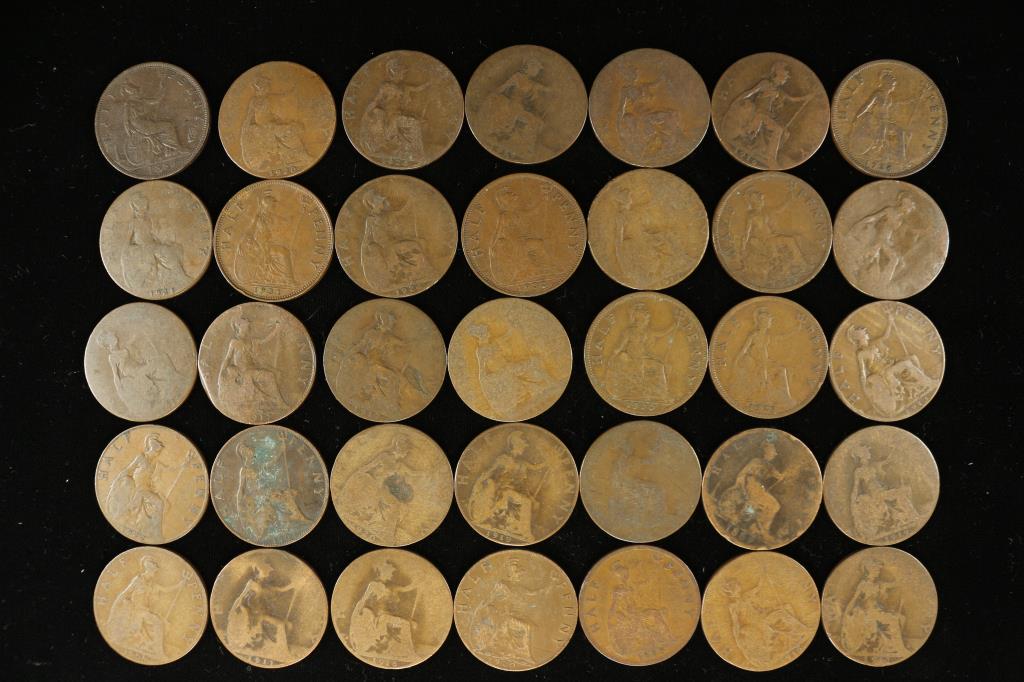 35-ASSORTED 1886-1936 GREAT BRITAIN HALF PENNIES: WATCH FOR OUR NEXT AUCTION ON MONDAY SEPT. 14TH, 2020.