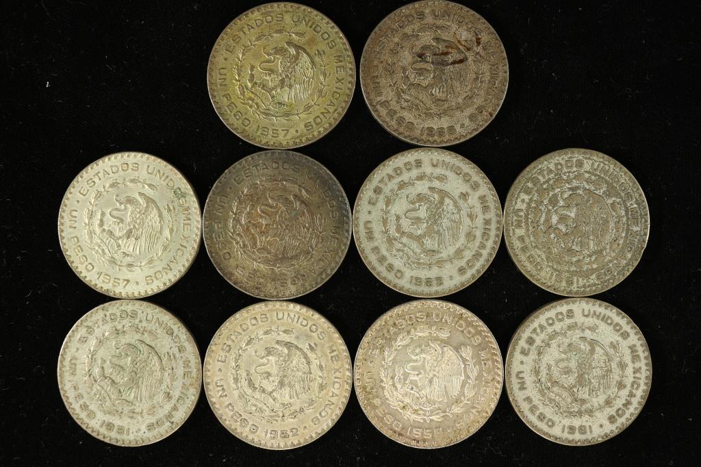 10 ASSORTED 1957-1966 MEXICO .100 SILVER PESOS (1 of 2)