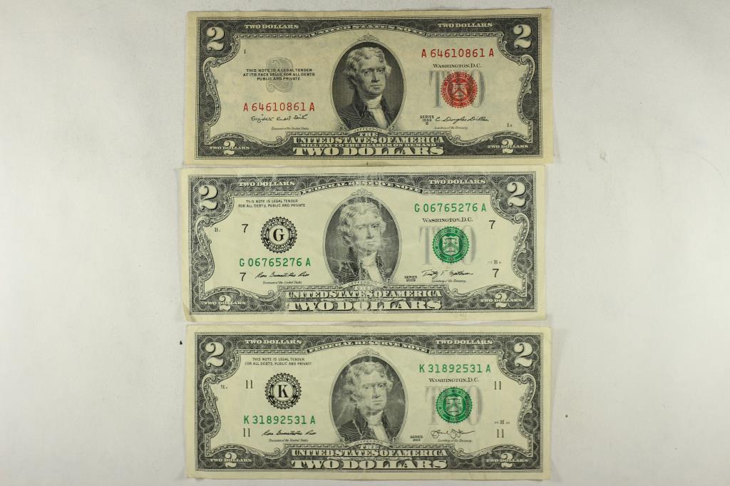 1953-B, 2009 AND 2013 $2 BILLS. 1953-B IS RED SEAL: US NOTE