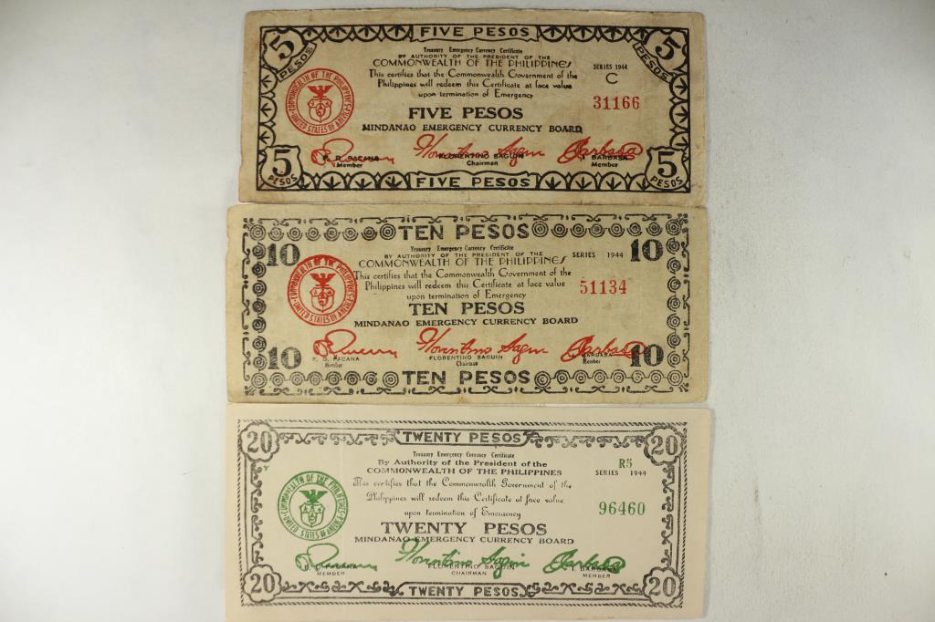 3 PIECES OF WWII PHILIPPINES EMERGENCY CURRENCY (1 of 2)