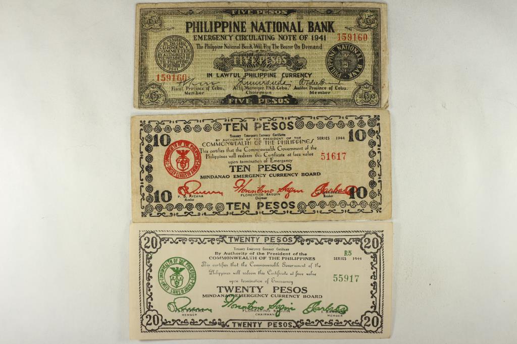 3 PIECES OF WWII PHILIPPINES EMERGENCY CURRENCY (1 of 2)