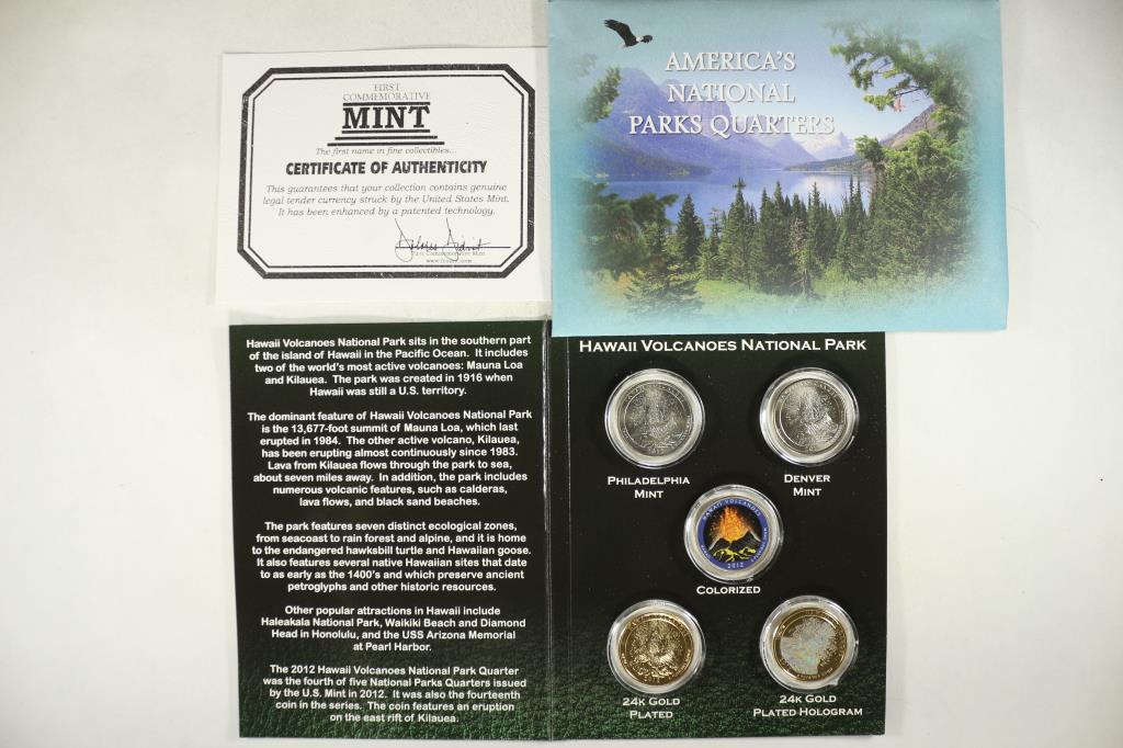 2012 HAWAII VOLCANOES NATIONAL PARK QUARTERS: SET, P & D MINTS, COLORIZED, 24KT GOLD PLATED AND 24KT GOLD PLATED HOLOGRAM