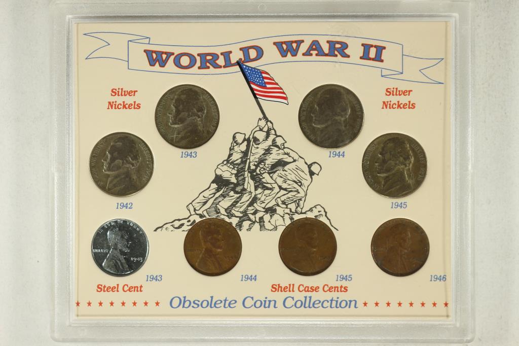 WWII OBSOLETE COIN COLLECTION INCLUDES 4: 35% SILVER JEFFERSON WAR NICKELS AND 4 LINCOLN CENTS