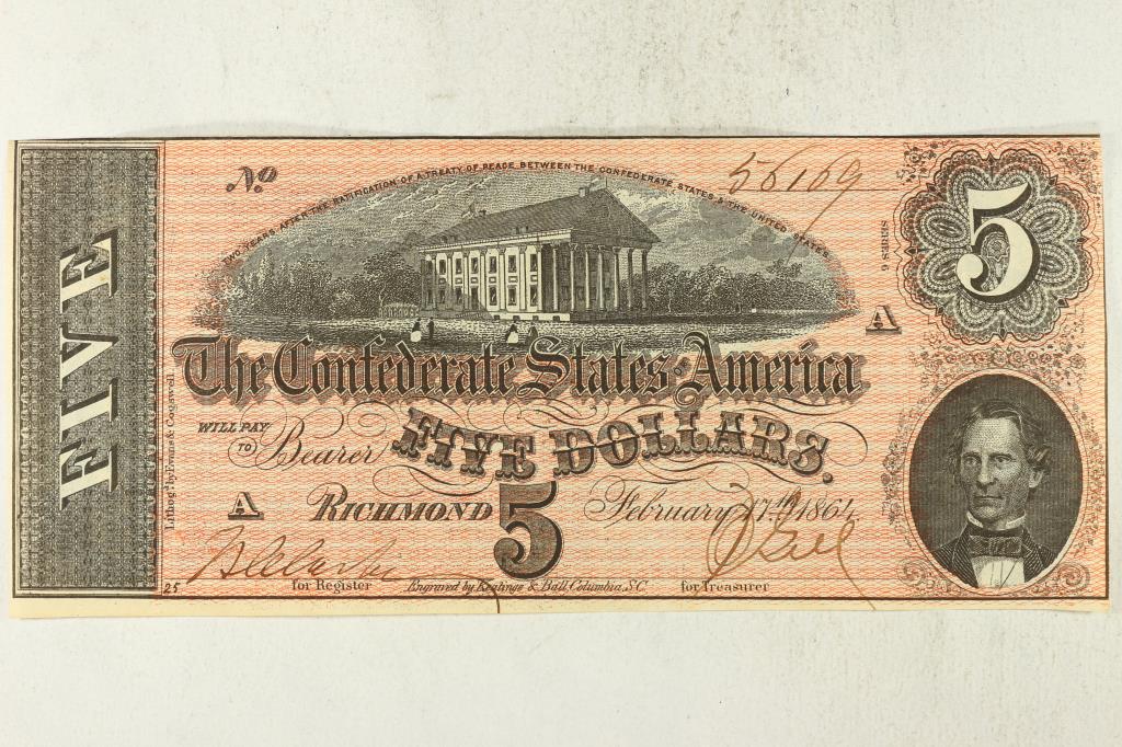 1864 CONFEDERATE STATES OF AMERICA $5: HAND SIGNED AND NUMBERED, CRISP UNC