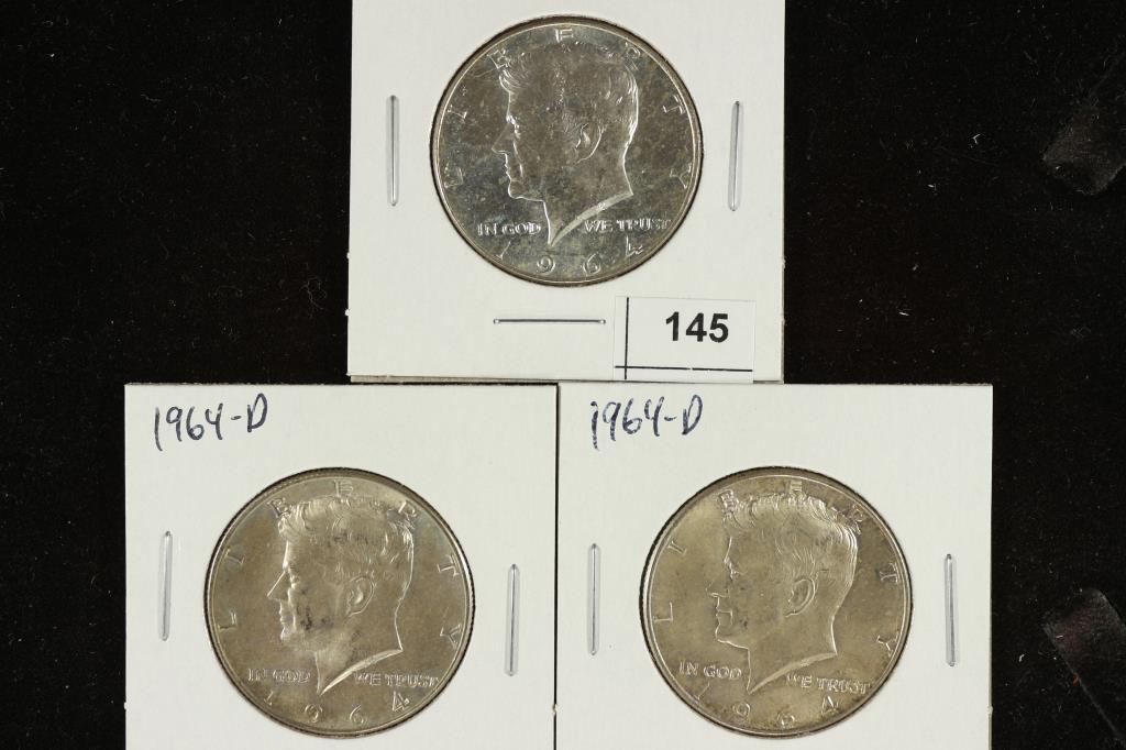1964 & 2-1964-D 90% SILVER KENNEDY HALF DOLLARS (1 of 2)