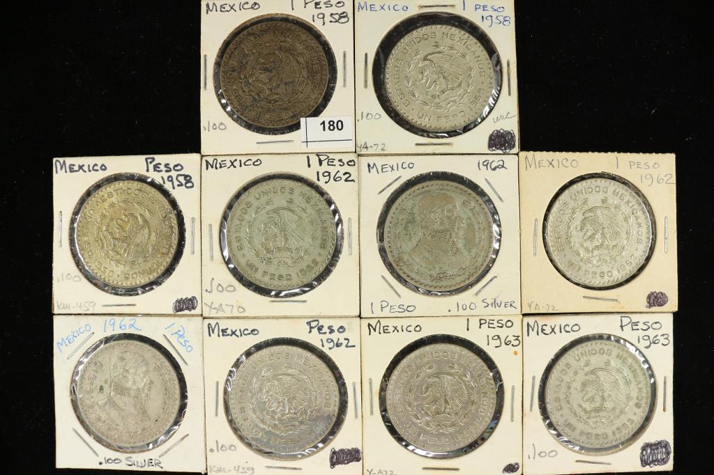 10 ASSORTED 1958-1963 MEXICO .100 SILVER PESOS (1 of 2)