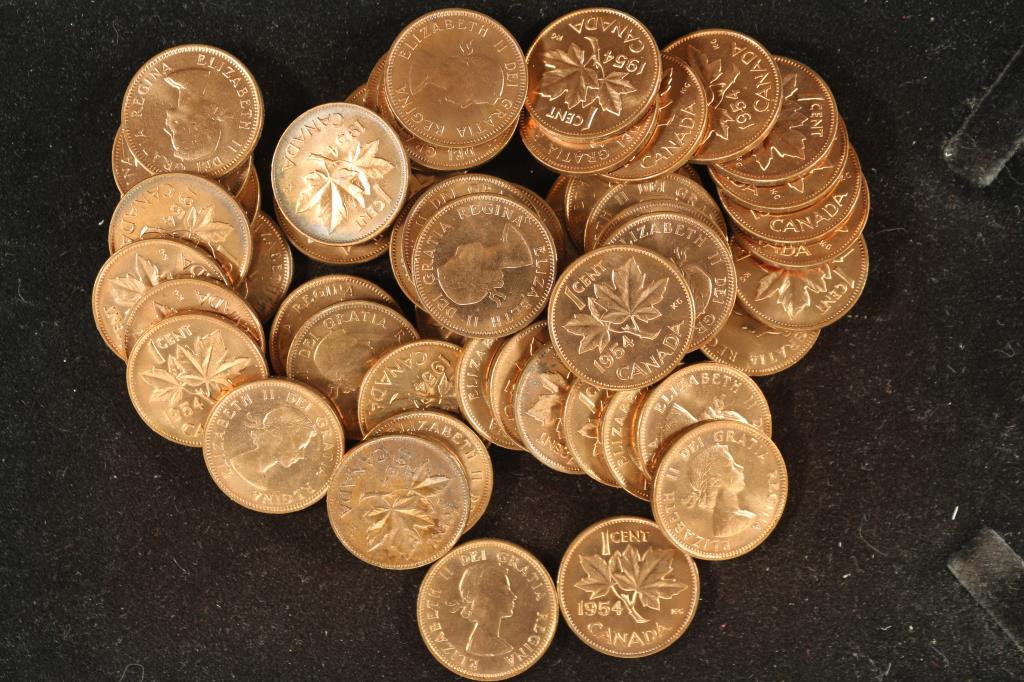 ROLL OF 50-1954 CANADA ONE CENTS BRILLIANT UNC (1 of 1)
